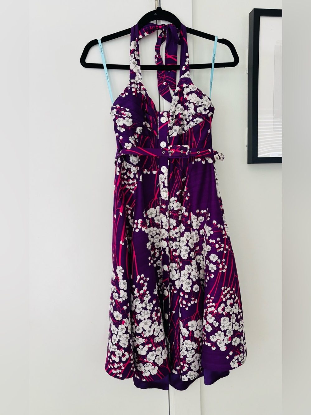 Marciano Purple Floral Silk Belted Halter Fit/Flare dress size small